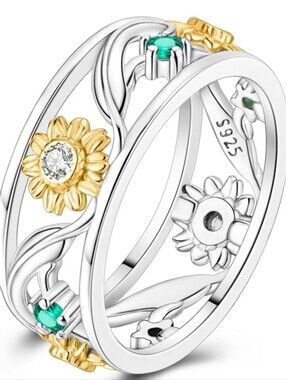 Macy's Two-Tone Sunflower Ring with Green Accents